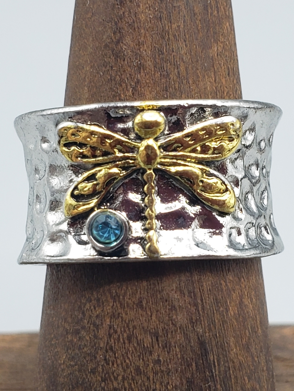 Wide Sterling Silver Band w/ Gold Dragonfly & Blue Stone - Bohemian Art Whimsy